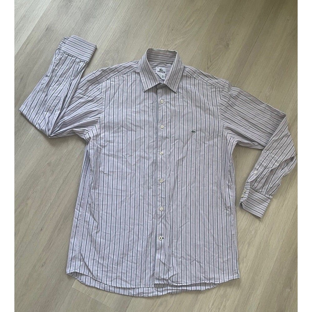 Vintage Lacoste Pink Striped 100% Cotton Dress Shirt Size 40 Made in Hong Kong
